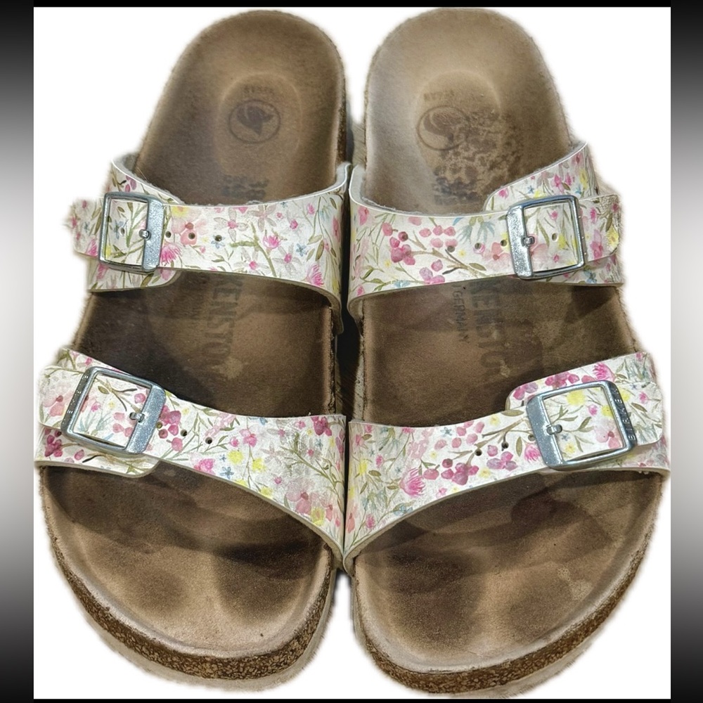 Birkenstock Women’s Floral Vegan Leather Arizona Sandal Size 6-6.5 White Straps
